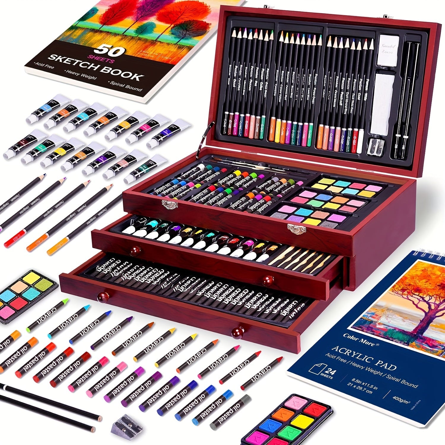 175 Piece Deluxe Art Set Wooden Case Crayons Pencils Paints