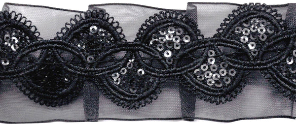 Belagio Enterprises - 1 1/2" Width Gathered Lace with Sequins (10 Yard Roll) - BRL-800-02 Black