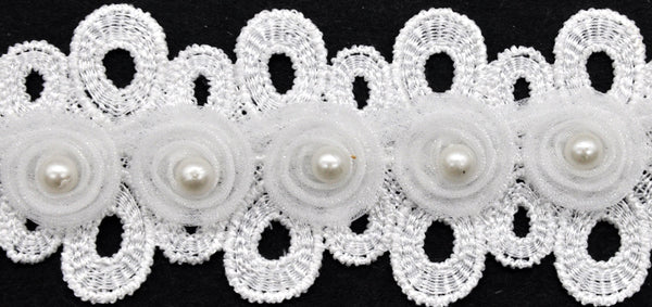 Belagio Enterprises - 1 3/4" Width Flower Lace Trim with Pearl (15 Yard Roll) - BTP-1804-27 White