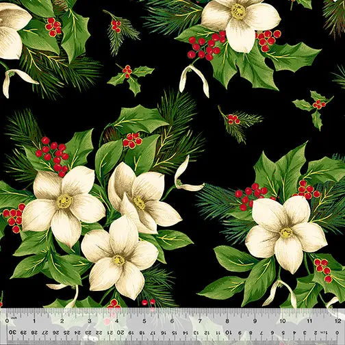 Black Christmas Blooms Wideback Cotton Fabric per yard