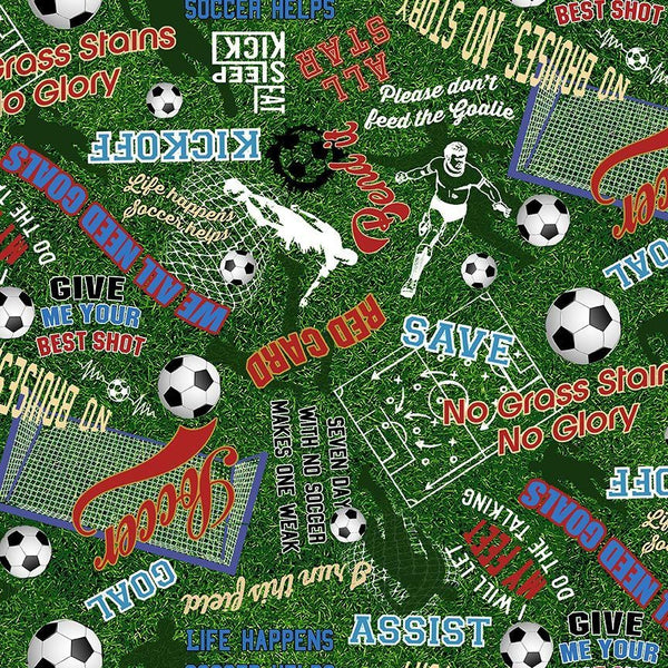 Green Soccer Words on Grass Fitness Fanatic 44"/45" Fabric Per Yard