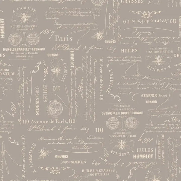 Grey Charcoal Bee Script Cotton Wideback Fabric per yard
