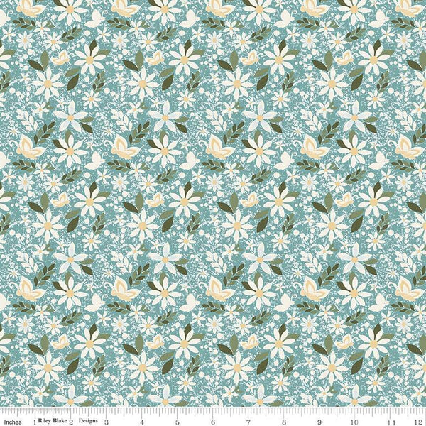 Juju's Petals Dance Teal Cotton 43"/44" Fabric Per Yard