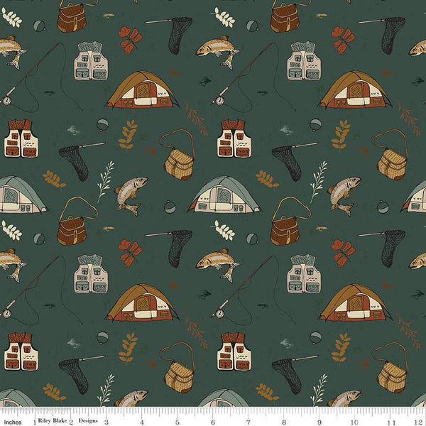 Let's Wander Gone Fishing Forest Cotton 43"/44" Fabric Per Yard