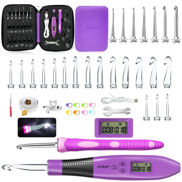 24pcs Crochet Hook Set LED Counter Ergonomic Knitting Tools