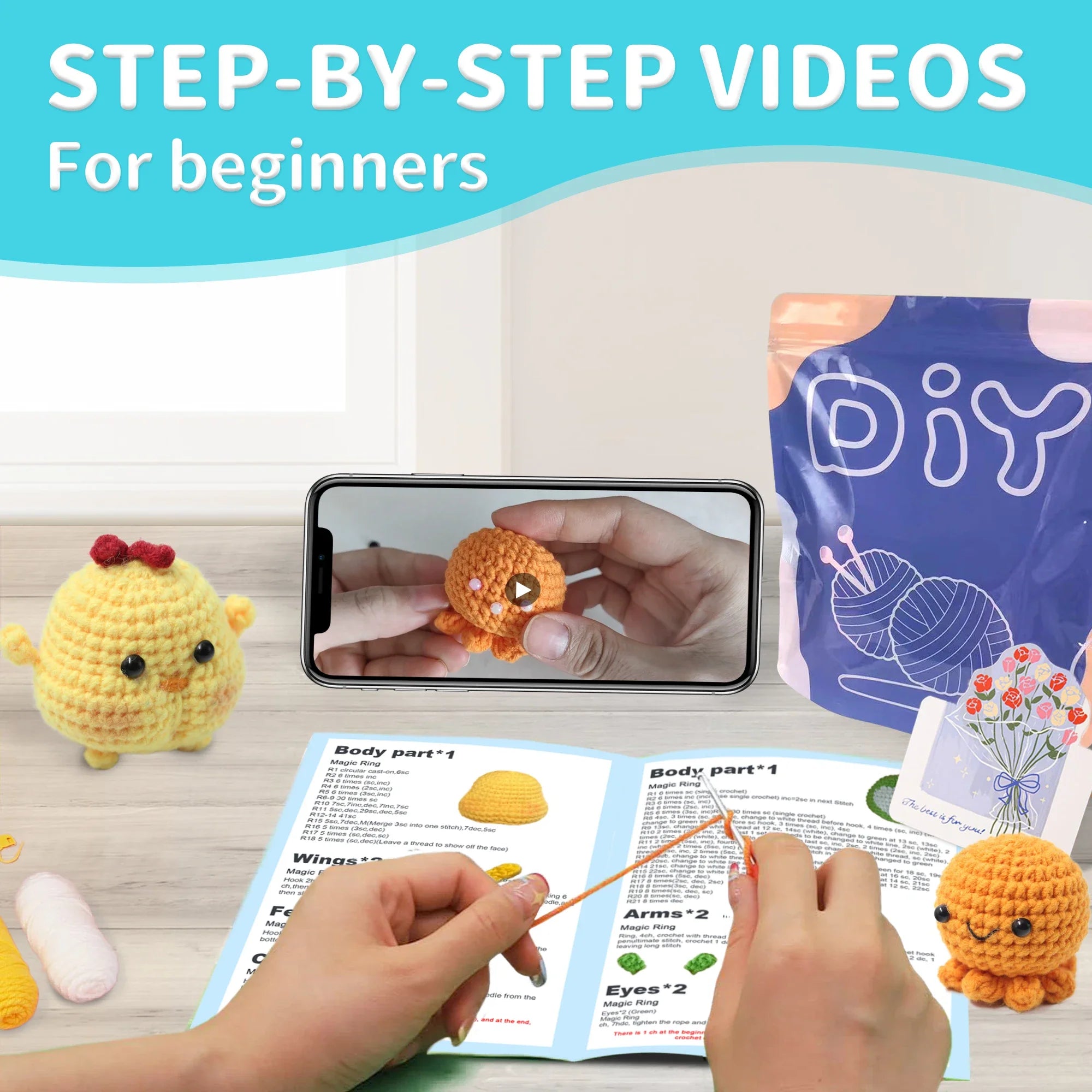 Animal Crochet Kit Beginners DIY Starter Set Step By Step
