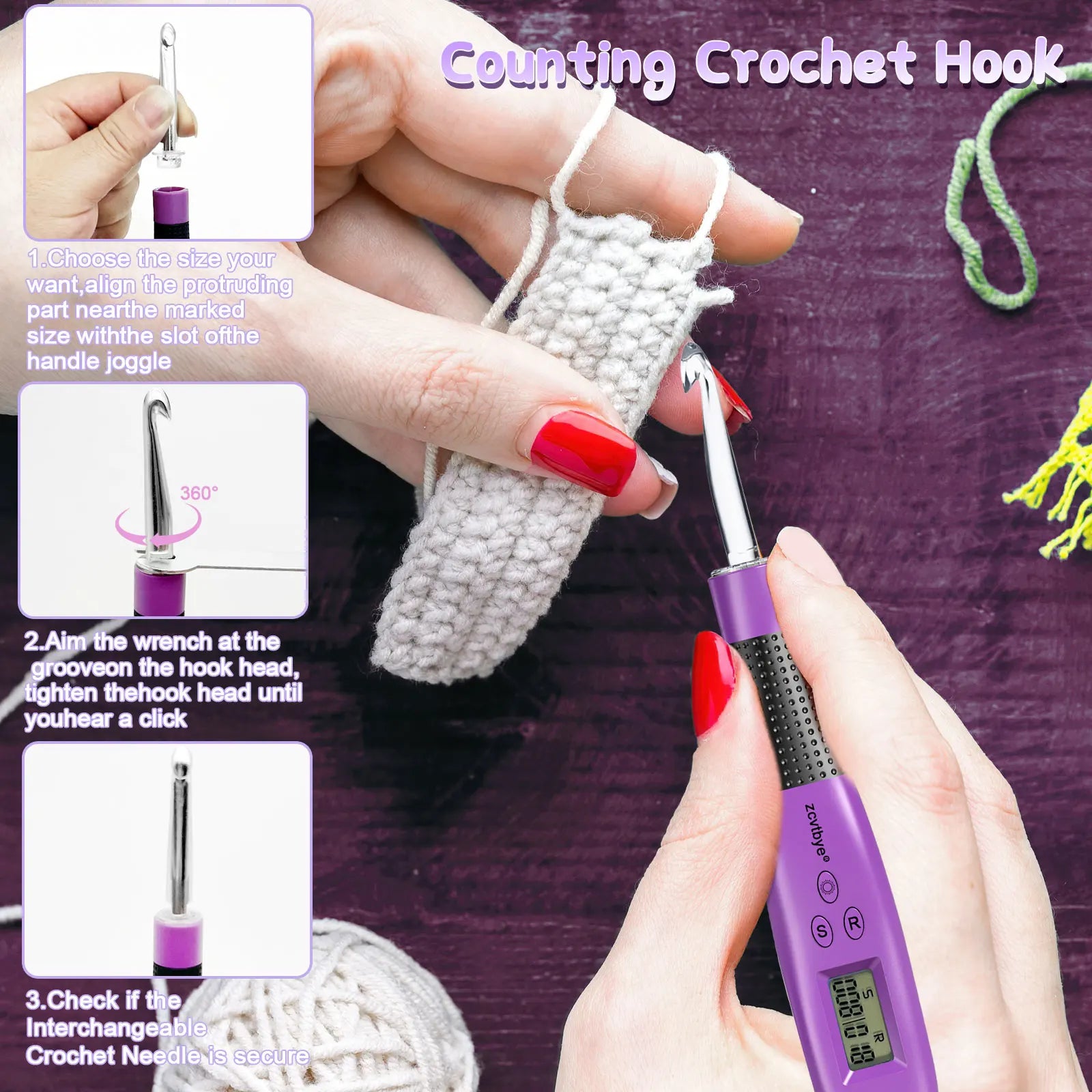 24pcs Crochet Hook Set LED Counter Ergonomic Knitting Tools