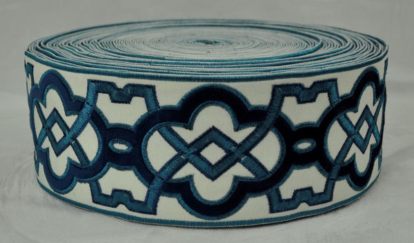 Velvet Embossed Decorative Trim Tape - 3 1/2" Width (25 Yard Roll) - BR-7337-05 Navy/Beige
